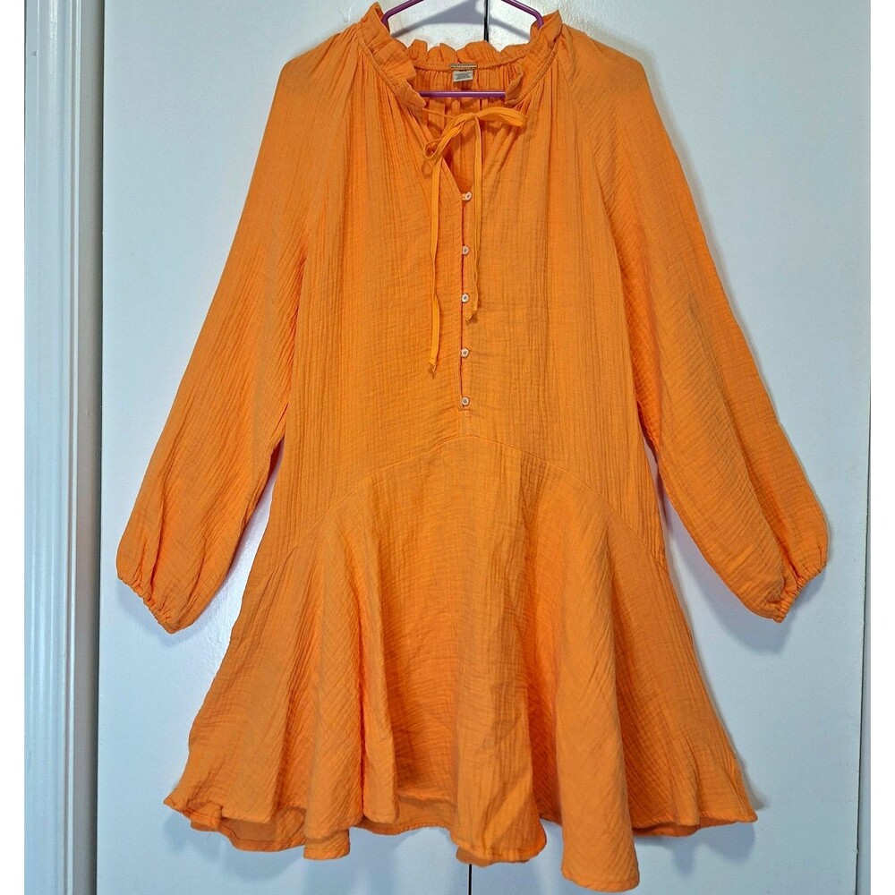 Magaschoni Orange Organic Cotton Gauze Dress Balloon Long Sleeve Sz M